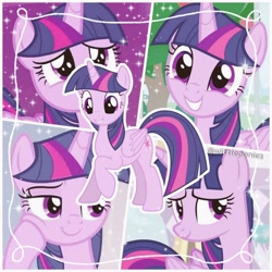 Size: 2560x2560 | Tagged: safe, editor:wittleponiez, screencap, twilight sparkle, alicorn, pony, a horse shoe-in, g4, aesthetics, collage, cute, female, happy, high res, instagram, photoshop, solo, sparkles, twiabetes, twilight sparkle (alicorn)