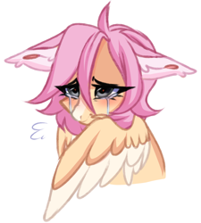 Size: 1290x1436 | Tagged: safe, artist:pesty_skillengton, oc, oc only, pegasus, pony, bust, coat markings, crying, cute, facial markings, female, floppy ears, not fluttershy, simple background, snip (coat marking), solo, two toned wings, white background, wings