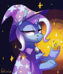 Size: 1229x1440 | Tagged: safe, artist:anticular, trixie, pony, unicorn, g4, cape, card, chest fluff, clothes, female, hat, lidded eyes, looking at you, mare, meme, no u, playing card, reaction image, solo, trixie's cape, trixie's hat, underhoof, uno, uno reverse card