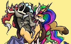 Size: 1080x659 | Tagged: safe, artist:alzmariowolfe, discord, princess celestia, g4, antlers, celestia is amused, cuddling, female, jewelry, male, multicolored hair, rainbow hair, ring, ship:dislestia, shipping, simple background, straight, tongue out, yellow background