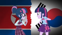 Size: 1024x576 | Tagged: safe, artist:thatradhedgehog, sci-twi, twilight sparkle, human, equestria girls, friendship games, g4, duo, duo female, female, glasses, grin, nervous, nervous smile, new and improved sci-twi, north korea, open mouth, self paradox, shocked, smiling, south korea, teeth, twolight