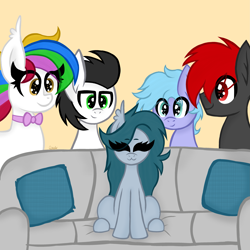 Size: 3543x3543 | Tagged: safe, artist:chubbehbunneh16, oc, oc only, oc:midnight melody, bat pony, :3, bat pony oc, bow, commission, couch, eyes on the prize, high res, imminent sex, male, pillow, piper perri surrounded, simple background, ych result