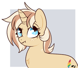 Size: 670x587 | Tagged: safe, artist:lulubell, oc, oc only, oc:lulubell, pony, unicorn, bust, chest fluff, female, freckles, mare, passepartout, scrunchy face, solo