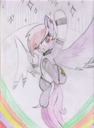 Size: 3439x4651 | Tagged: safe, artist:foxtrot3, oc, oc:light beam, pegasus, pony, choker, clothes, cutie mark, fishnet stockings, flashes, flying, grin, lights, lightshow, pearl, piercing, red eyes, smiling, socks, solo, stage, striped socks