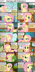 Size: 1282x2590 | Tagged: safe, edit, edited screencap, screencap, fluttershy, bird, pegasus, pony, comic:celestia's servant interview, friendship is magic, g4, putting your hoof down, :o, caption, comic, cs captions, cup, cute, eyes closed, female, fluttershy's cottage, happy, interview, looking at you, mare, open mouth, screencap comic, shyabetes, solo, teacup, text