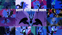 Size: 1280x722 | Tagged: safe, edit, edited screencap, editor:quoterific, screencap, nightmare moon, alicorn, pony, a royal problem, do princesses dream of magic sheep, friendship is magic, g4, princess twilight sparkle (episode), season 1, season 4, season 5, season 7, the cutie re-mark, antagonist, evil, evil laugh, evil smile, female, grin, laughing, laughing mad, mare, moon, night, smiling, solo