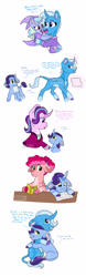 Size: 1280x4091 | Tagged: safe, artist:moccabliss, starlight glimmer, trixie, oc, oc:abracadabra, oc:cake pop, oc:galaxy glimmer, pony, unicorn, g4, curved horn, female, high res, horn, leonine tail, lesbian, magical lesbian spawn, mare, offspring, parent:cheese sandwich, parent:pinkie pie, parent:starlight glimmer, parent:trixie, parents:cheesepie, parents:startrix, ship:startrix, shipping