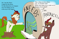 Size: 1800x1200 | Tagged: safe, artist:rocket-lawnchair, autumn blaze, cinder glow, summer flare, oc, oc:anon, human, kirin, g4, cinder glow is not amused, crossover, dr. seuss, once-ler, parody, shaved, the lorax, this will end in fire, this will end in nirik, tree stump