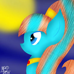 Size: 768x768 | Tagged: safe, artist:mudmee-thai, oc, oc only, earth pony, pony, bust, earth pony oc, female, full moon, mare, moon, outdoors, peytral, signature, solo