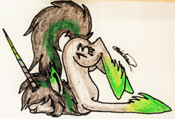 Size: 2146x1459 | Tagged: safe, artist:beamybutt, oc, oc only, pony, unicorn, face down ass up, hair over eyes, hoof fluff, horn, male, signature, solo, stallion, traditional art, unicorn oc