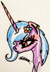 Size: 1606x2318 | Tagged: safe, artist:beamybutt, oc, oc only, pony, unicorn, bust, ear piercing, earring, eyelashes, flower, flower in hair, frown, horn, jewelry, piercing, signature, solo, traditional art, unicorn oc