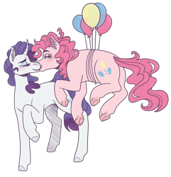 Size: 2800x2900 | Tagged: safe, artist:monnarcha, pinkie pie, rarity, earth pony, pony, unicorn, g4, balloon, blushing, commission, curved horn, eyes closed, eyeshadow, female, floating, high res, horn, kissing, lesbian, makeup, mare, party balloon, raised hoof, raised leg, ship:raripie, shipping, simple background, then watch her balloons lift her up to the sky, transparent background, underhoof