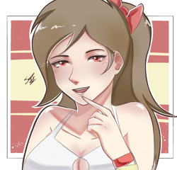 Size: 1059x1017 | Tagged: safe, artist:patricia valles, artist:rsa.fim, oc, oc only, oc:whisper hope, human, blushing, brown hair, female, humanized, humanized oc, red eyes, simple background, smiling, solo