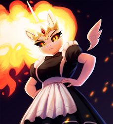 Size: 1500x1640 | Tagged: safe, artist:mrscroup, edit, daybreaker, alicorn, anthro, g4, breasts, clothes, female, floating wings, horn, looking at you, maid, maidbreaker, mane of fire, reasonably sized breasts, sfw edit, simple background, solo, unamused, wings
