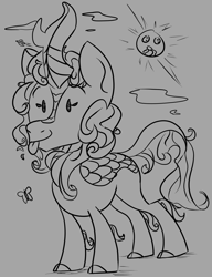Size: 1626x2118 | Tagged: safe, artist:2hrnap, autumn blaze, butterfly, insect, kirin, g4, :p, cloud, grayscale, monochrome, ponybooru import, solo, sun, tongue out