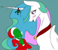 Size: 3880x3340 | Tagged: safe, artist:2hrnap, princess celestia, oc, oc:anon, alicorn, human, pony, g4, blushing, eye contact, female, high res, holly, holly mistaken for mistletoe, human male, implied kissing, implied straight, looking at each other, male, mare, mistleholly, ponybooru import, size difference