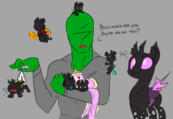 Size: 4012x2768 | Tagged: safe, artist:2hrnap, oc, oc only, oc:anon, oc:costa, changeling, human, nymph, :3, baby bottle, baby changeling, burp, changeling oc, clothes, crying, dialogue, diaper, female, flying, foalsitter, gray background, green changeling, high res, human oc, male, open mouth, orange changeling, pacifier, pink changeling, ponybooru import, purple changeling, red changeling, simple background, sleeping, teal changeling, yellow changeling
