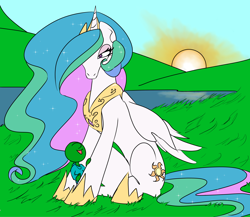 Size: 4404x3814 | Tagged: safe, artist:2hrnap, princess celestia, oc, oc:anon, oc:kid anon, alicorn, human, pony, g4, clothes, crown, female, grass, horn, jewelry, lake, looking up, male, mare, momlestia, multicolored mane, multicolored tail, open mouth, ponybooru import, regalia, shirt, sitting, smiling, sun, water, white coat, wings
