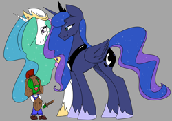 Size: 3020x2125 | Tagged: safe, artist:2hrnap, princess celestia, princess luna, oc, oc:anon, oc:kid anon, alicorn, human, pony, g4, auntie luna, clothes, crown, female, gray background, helmet, high res, horn, jewelry, kid anon, male, mare, momlestia, open mouth, ponybooru import, regalia, royal sisters, shield, siblings, simple background, sisters, smiling, sword, weapon, wings, wooden sword