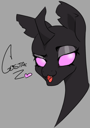 Size: 708x1001 | Tagged: safe, artist:2hrnap, oc, oc only, oc:costa, changeling, bust, fangs, female, heart, looking at you, open mouth, ponybooru import, portrait, raised eyebrow, simple background