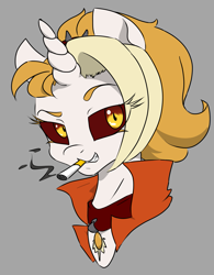 Size: 1217x1561 | Tagged: safe, artist:2hrnap, oc, oc only, oc:dyx, alicorn, pony, alicorn oc, blonde, blonde mane, bust, cigarette, collar, female, gray background, grin, horn, mouth hold, ponybooru import, portrait, raised eyebrow, simple background, smiling, smoking, solo, wings