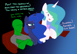Size: 1638x1143 | Tagged: safe, artist:2hrnap, princess celestia, princess luna, oc, oc:anon, alicorn, pony, couch, dialogue, female, male, mare, movie night, open mouth, ponybooru import, raised eyebrow, royal sisters, siblings, sisters, sitting, smiling, unamused, underhoof