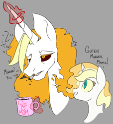 Size: 1692x1862 | Tagged: safe, artist:2hrnap, oc, oc:dyx, oc:dyxkrieg, alicorn, pony, alicorn oc, bust, cigarette, coffee mug, dialogue, female, filly, glowing horn, gray background, horn, lidded eyes, magic, magical lesbian spawn, mare, mother and child, mother and daughter, mug, offspring, older, older dyx, parent and child, parent:oc:dyx, parent:oc:luftkrieg, parents:oc x oc, ponybooru import, portrait, simple background, smiling, smoking, telekinesis, wings