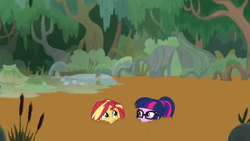 Size: 2264x1274 | Tagged: safe, edit, edited edit, sci-twi, sunset shimmer, twilight sparkle, driving miss shimmer, equestria girls, g4, growing up is hard to do, my little pony equestria girls: choose your own ending, text support, duo, duo female, female, forest, glasses, happy, jungle, mud, mud edit, quicksand, smiling, smugset shimmer, stuck