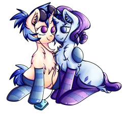 Size: 3778x3435 | Tagged: safe, artist:coco-drillo, dj pon-3, rarity, vinyl scratch, pony, unicorn, g4, alternate hairstyle, chest fluff, clothes, couple, ear fluff, female, headphones, high res, hug, kneesocks, lesbian, listening to music, mare, pigtails, rariscratch, shipping, simple background, sitting, socks, striped socks, sunglasses, thigh highs, transparent background