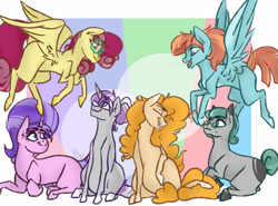 Size: 2241x1656 | Tagged: safe, artist:sallybatbridge, cloudy quartz, cookie crumbles, pear butter, posey shy, twilight velvet, windy whistles, earth pony, pegasus, pony, unicorn, g4, female, flying, glasses, group, mare, missing cutie mark, mom six, mother's day, sitting