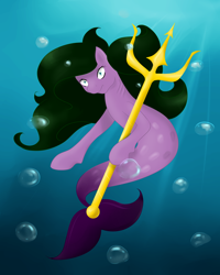 Size: 2000x2500 | Tagged: safe, artist:kuromilollipop, oc, oc only, mermaid, merpony, seapony (g4), blue eyes, bubble, crepuscular rays, female, fish tail, flowing mane, gills, high res, ocean, scales, solo, sunlight, swimming, tail, trident, underwater, water