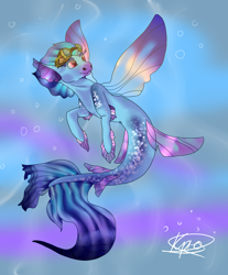 Size: 3900x4700 | Tagged: safe, artist:sashakruchkinatv, oc, oc only, seapony (g4), bubble, dorsal fin, fin wings, fins, fish tail, flowing tail, goggles, ocean, pink eyes, signature, smiling, solo, tail, underwater, water, wings