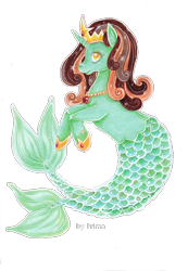 Size: 522x754 | Tagged: safe, artist:primarella, oc, oc only, mermaid, merpony, pony, sea pony, unicorn, commission, crown, curly mane, female, fish tail, hoof shoes, horn, jewelry, necklace, pearl necklace, regalia, seaponified, simple background, smiling, solo, sparkles, species swap, tail, transparent background