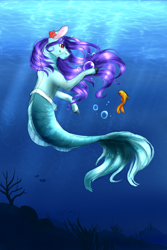 Size: 2000x3000 | Tagged: safe, artist:pennpixel, oc, oc only, fish, mermaid, merpony, seapony (g4), starfish, bubble, coral, crepuscular rays, fish tail, flowing mane, flowing tail, high res, mermaidized, ocean, purple mane, red eyes, scales, seaponified, seaweed, solo, species swap, sunlight, swimming, tail, underwater, water