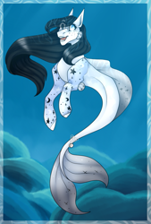 Size: 671x993 | Tagged: safe, artist:ladyfok, oc, oc only, merpony, seapony (g4), black mane, blue eyes, commission, crepuscular rays, dorsal fin, fish tail, flowing mane, ocean, open mouth, smiling, solo, tail, teeth, underwater, water