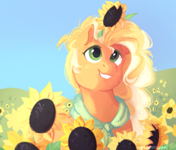 Size: 903x768 | Tagged: safe, artist:pigeorgien, oc, oc only, earth pony, pony, g4, cottagecore, female, field, flower, flower in hair, freckles, grass, green eyes, mare, neckerchief, not applejack, sky, smiling, solo, sunflower, sweet dreams fuel