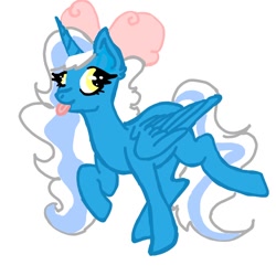Size: 750x750 | Tagged: safe, artist:itsdemondeer, oc, oc:fleurbelle, alicorn, pony, alicorn oc, bow, derp, female, hair bow, horn, mare, tongue out, wings, yellow eyes