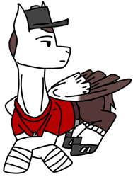 Size: 551x734 | Tagged: safe, artist:agdapl, oc, oc only, pegasus, pony, bandage, clothes, crossover, dog tags, hat, looking back, lying down, male, ponified, prone, scout (tf2), simple background, solo, species swap, stallion, team fortress 2, transparent background, two toned wings, wings
