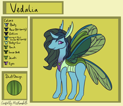 Size: 1750x1500 | Tagged: safe, artist:misskanabelle, oc, oc only, oc:vedalia, changedling, changeling, abstract background, changedling oc, changeling oc, female, horn, reference sheet, signature, smiling, solo, story included, wings