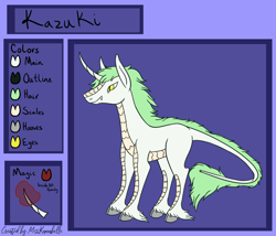 Size: 1750x1500 | Tagged: safe, artist:misskanabelle, oc, oc only, oc:kazuki, kirin, abstract background, glowing horn, horn, kirin oc, male, reference sheet, signature, solo, story included