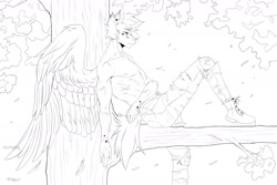 Size: 2560x1707 | Tagged: safe, artist:stumpeg, oc, oc only, pegasus, anthro, clothes, lineart, male, monochrome, outdoors, partial nudity, pegasus oc, shoes, simple background, sitting, solo, topless, tree, white background, wings