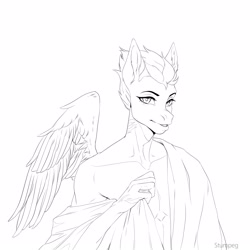 Size: 2160x2160 | Tagged: safe, artist:stumpeg, oc, oc only, pegasus, anthro, bust, clothes, high res, lineart, monochrome, pegasus oc, robe, simple background, smiling, solo, white background, wings