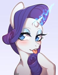 Size: 1407x1802 | Tagged: safe, artist:stumpeg, rarity, pony, unicorn, g4, :p, bedroom eyes, blushing, bust, eyelashes, female, glowing horn, horn, makeup, mare, piercing, raised hoof, simple background, solo, tongue out, tongue piercing