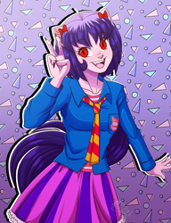 Size: 3232x4200 | Tagged: safe, artist:jack-pie, artist:the-butch-x, oc, oc only, oc:cassey, equestria girls, g4, catgirl, clothes, female, high res, open mouth, peace sign, red eyes, signature, skirt, solo