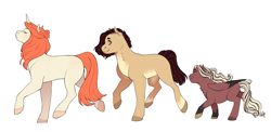 Size: 3072x1500 | Tagged: safe, artist:celeriven, oc, oc only, oc:dawning paw, oc:eris, oc:radiant grace, earth pony, hybrid, pegasus, pony, unicorn, high res, interspecies offspring, offspring, parent:discord, parent:fluttershy, parents:discoshy, simple background, white background