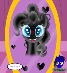 Size: 3840x4154 | Tagged: safe, alternate version, artist:damlanil, pinkie pie, earth pony, latex pony, original species, pony, g4, blue sclera, blushing, carousel boutique, comic, cute, diapinkes, female, happy, heart, heart eyes, high res, latex, living latex, looking at you, mare, mind control, mirror, open mouth, rubber, shiny, shiny mane, simple background, smiling, symbiote, text, transformation, vector, wingding eyes