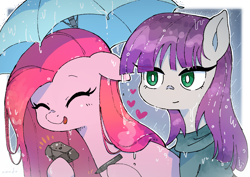 Size: 1683x1190 | Tagged: safe, artist:fuyugi, boulder (g4), maud pie, pinkie pie, earth pony, pony, g4, eyes closed, female, floating heart, floppy ears, heart, open mouth, pinkamena diane pie, rain, siblings, sisters, smiling, umbrella, wet, wet mane, when she smiles, white pupils