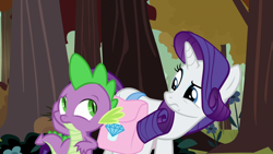 Size: 1920x1080 | Tagged: safe, screencap, rarity, spike, dragon, pony, unicorn, g4, molt down, bag, female, male, mare, saddle bag