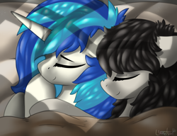 Size: 3000x2300 | Tagged: safe, artist:llametsul, dj pon-3, octavia melody, vinyl scratch, earth pony, pony, unicorn, g4, bed, couple, cuddling, eyes closed, eyeshadow, female, floppy ears, grin, high res, lesbian, makeup, mare, pillow, ship:scratchtavia, shipping, smiling
