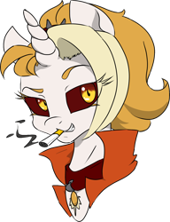 Size: 1134x1477 | Tagged: safe, artist:2hrnap, edit, oc, oc only, oc:dyx, pony, cigarette, looking at you, raised eyebrow, simple background, smoking, solo, transparent background